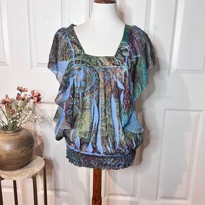 APT 9 Womens‎ Paisley sheer Ruffle Blouson Top Sz M Boho Hippie Y2K Artsy 90s